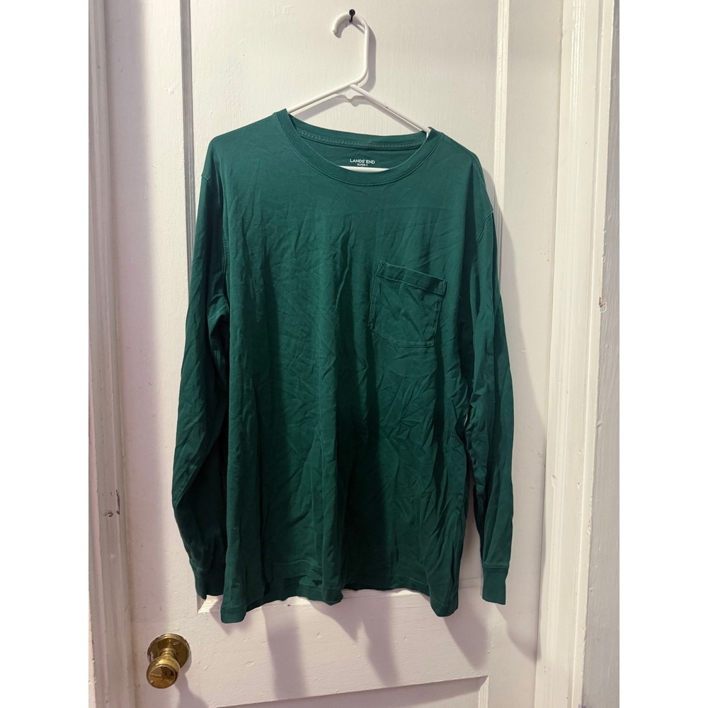 Lands End Mens Super-T Long Sleeve Pocket T-Shirt Dark Green XL Crewneck Cotton